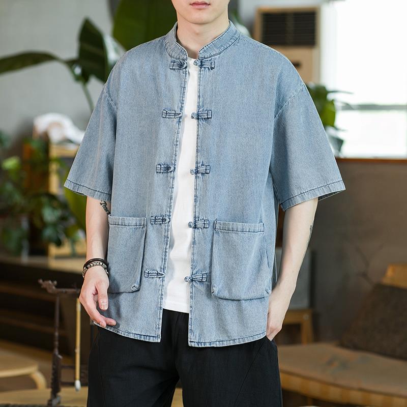 New Summer Men's Retro Denim Tang Suit Cardigan