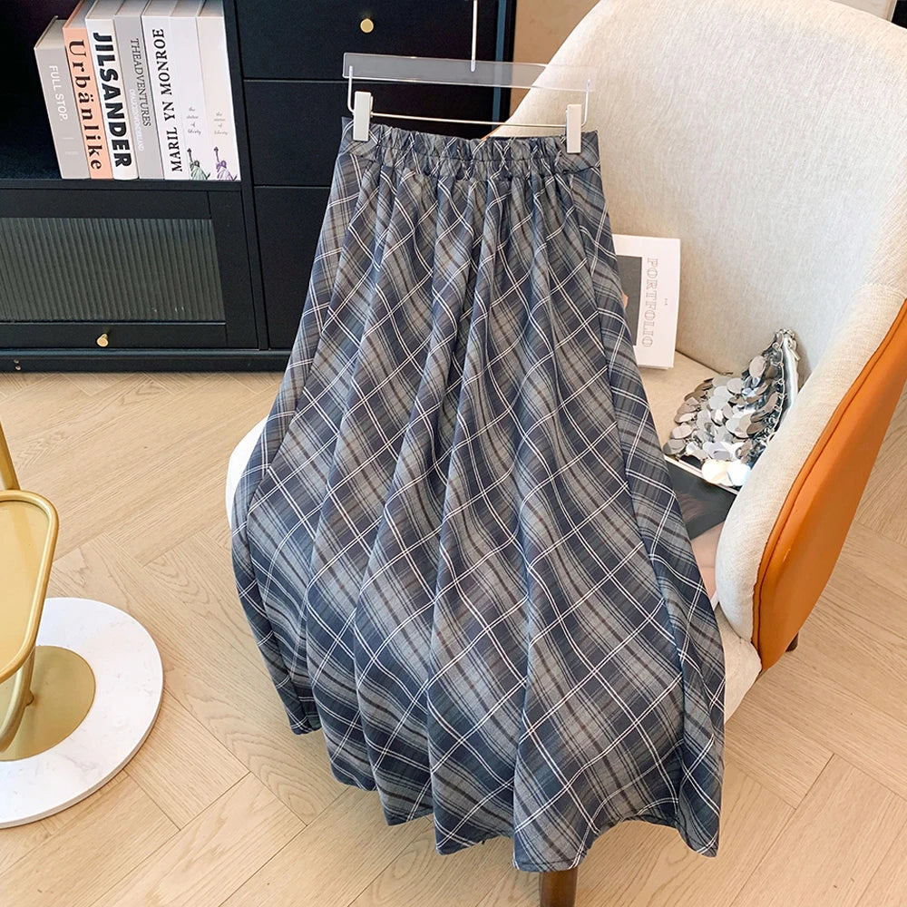 Plus-size women's spring summer autumn casual open skirt elastic waist loose decorative skirt commuter plaid skirt 2024 new