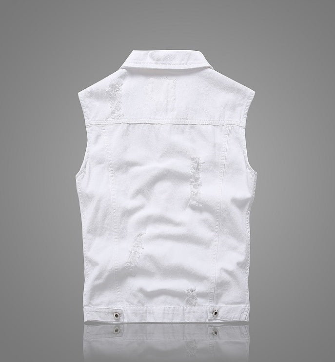 Casual Holes Pocket White Denim Vests