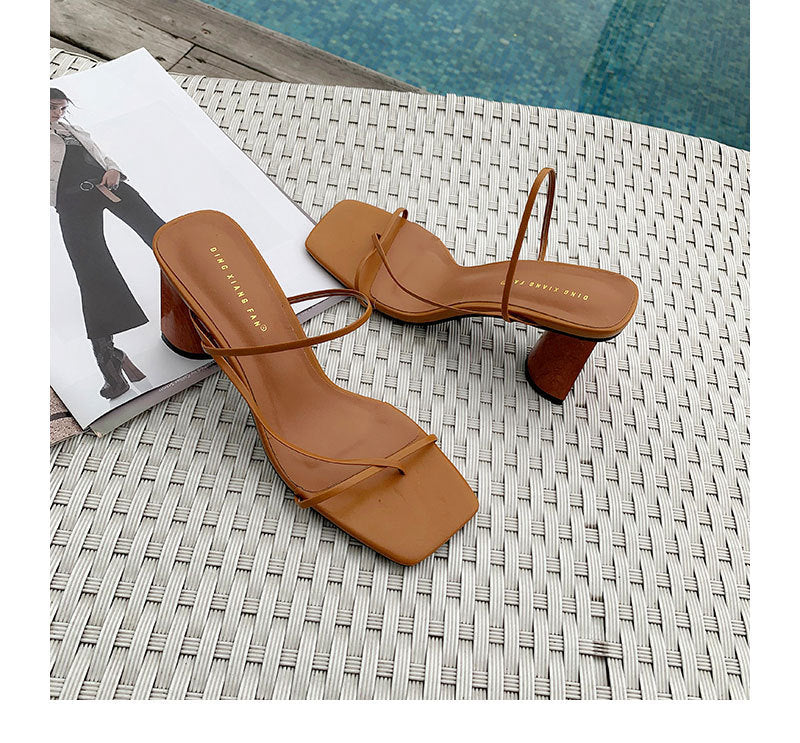 Square toe thin strap chunky heel sandals