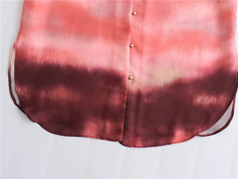 V-neck Long Sleeve Tie-dye Loose Shirt Satin Print Straight-leg Trousers Suit