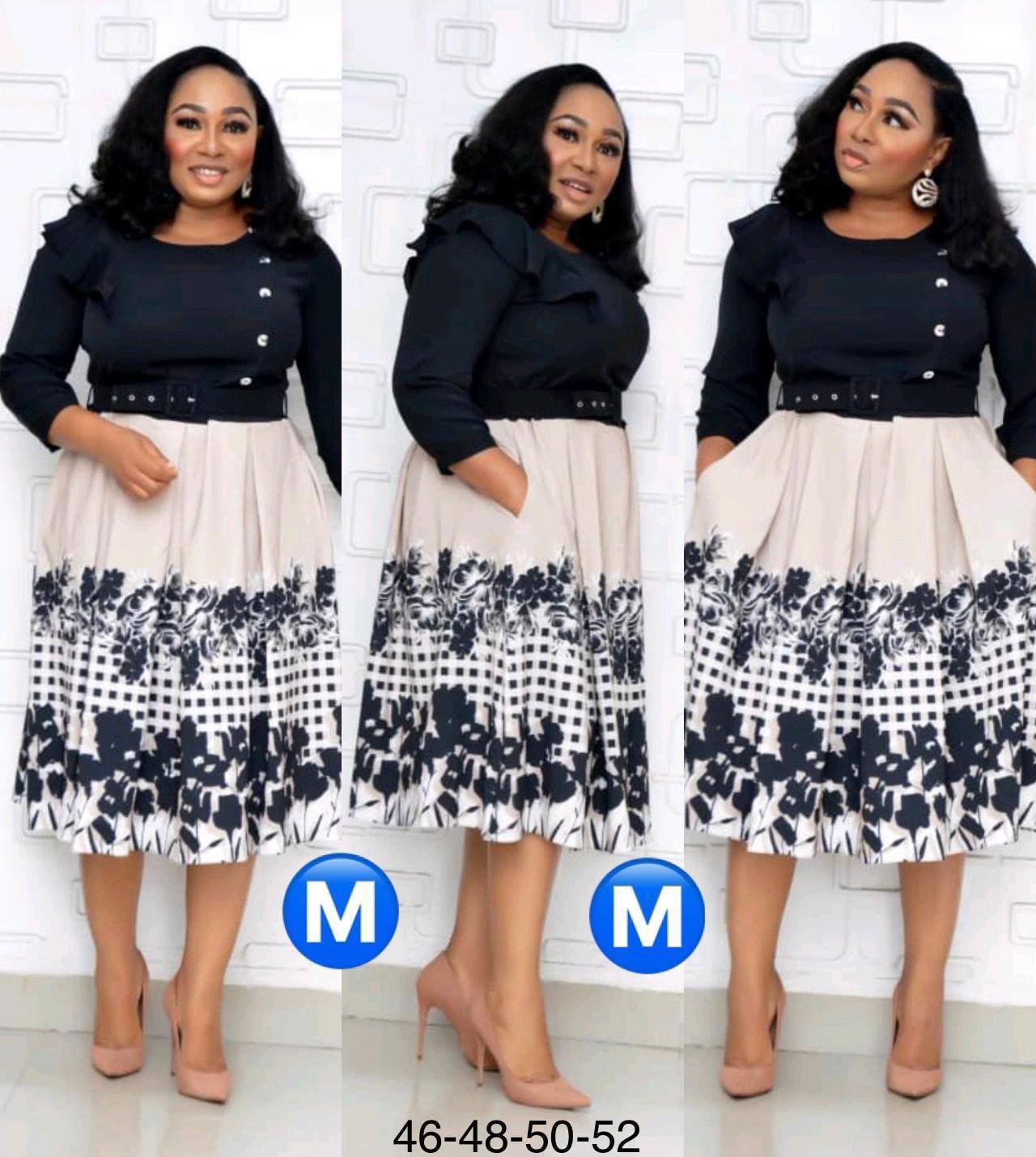 Autumn New Style African Plus Size Women's Round Neck, Three-Quarter Sleeves, Large Print Stitching Pocket Dress