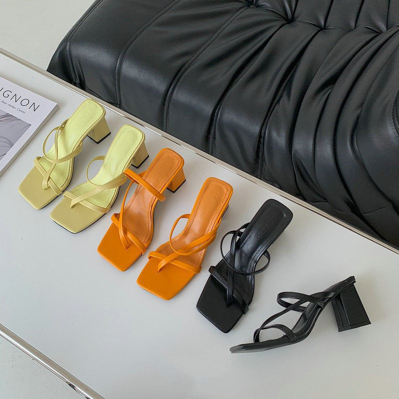 Cross-Strap Square Toe Chunky Heel Sandals