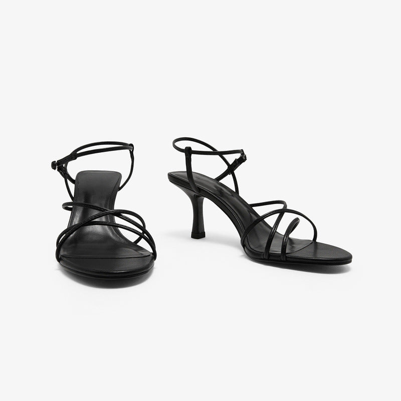 Simple Diagonal Strap High Heel Open Toe Sandals Women's Slim Heel