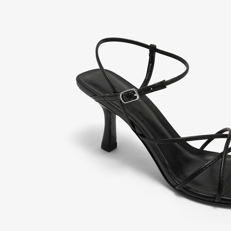 Simple Diagonal Strap High Heel Open Toe Sandals Women's Slim Heel