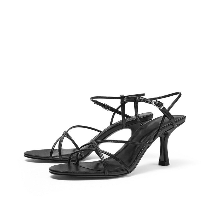 Simple Diagonal Strap High Heel Open Toe Sandals Women's Slim Heel