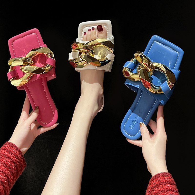 Chain Open Toe Flat Soft Bottom Slippers Round Head Metal Chain Flat Heel Sandals Outdoor Wear Women