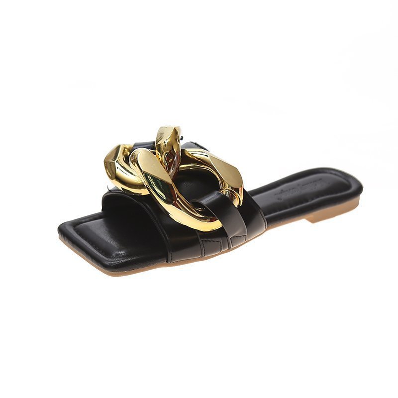 Chain Open Toe Flat Soft Bottom Slippers Round Head Metal Chain Flat Heel Sandals Outdoor Wear Women
