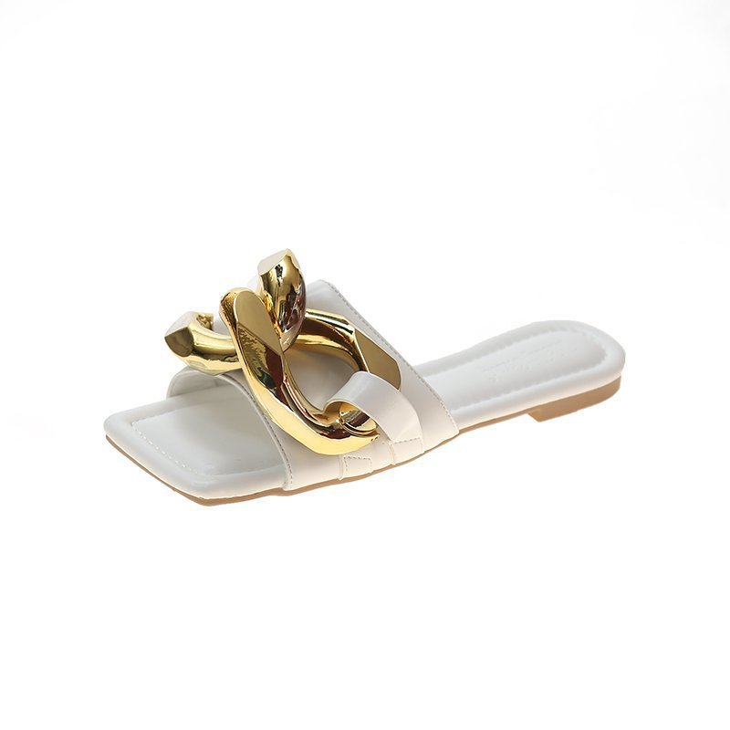 Chain Open Toe Flat Soft Bottom Slippers Round Head Metal Chain Flat Heel Sandals Outdoor Wear Women