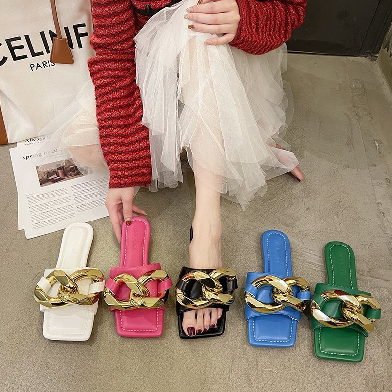 Chain Open Toe Flat Soft Bottom Slippers Round Head Metal Chain Flat Heel Sandals Outdoor Wear Women