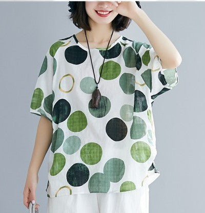 Concealed Fabric Round Neck Short Sleeve Polka Dot Top
