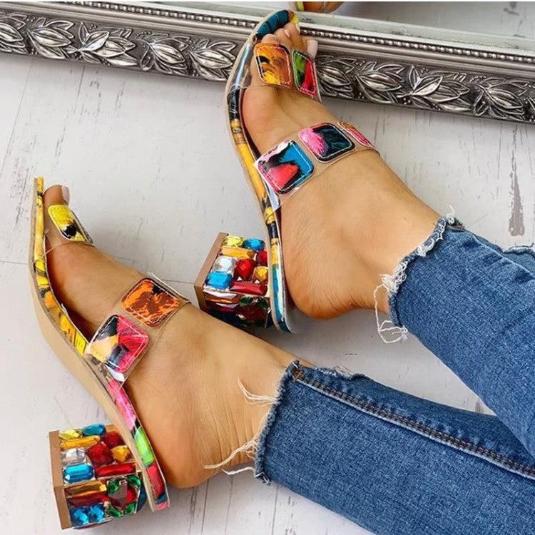 New Style Slippers Women European And American Rhinestone Thick Heel Sandals And Slippers Color Matching Medium Heel Foreign Trade Plus Size Women's Shoes In Stock