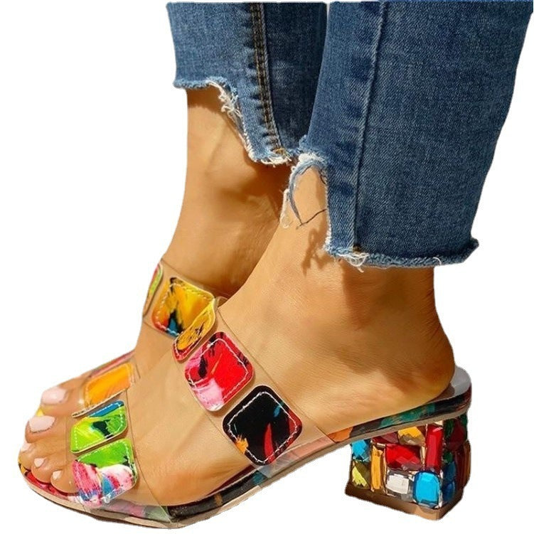 New Style Slippers Women European And American Rhinestone Thick Heel Sandals And Slippers Color Matching Medium Heel Foreign Trade Plus Size Women's Shoes In Stock