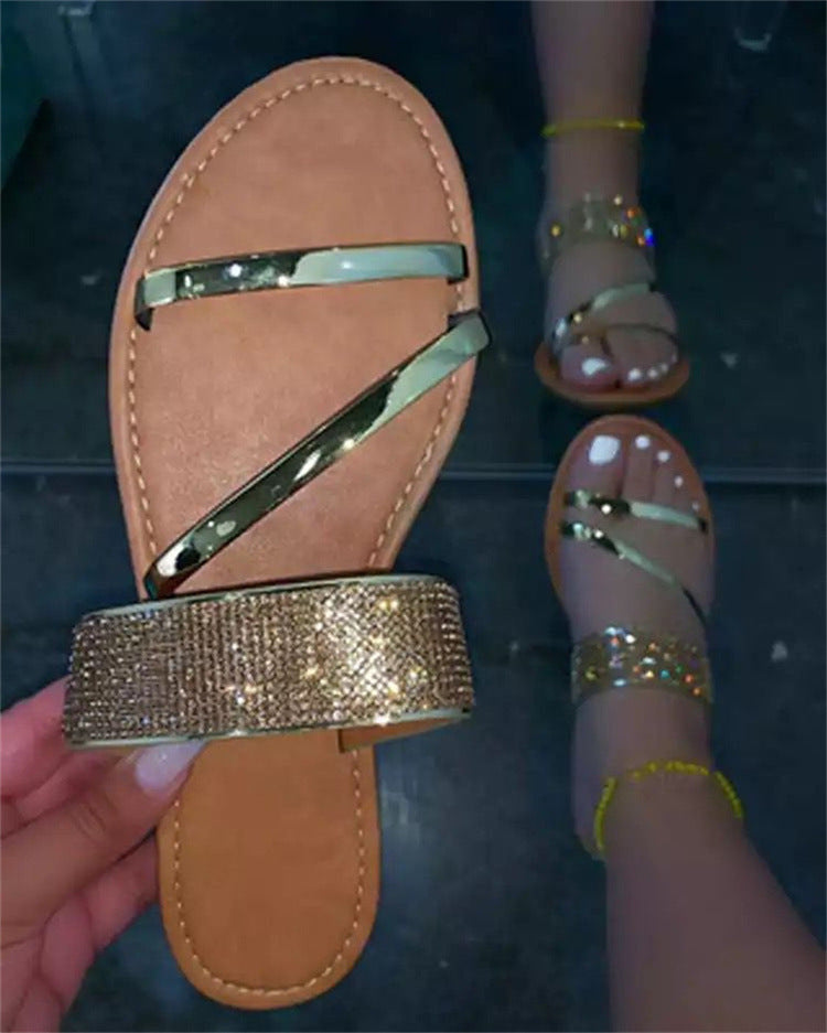 Fashion Sexy Summer New Style Roman Rhinestone Flat Outdoor Large Size Slippers