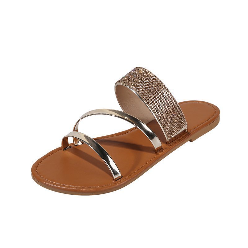 Fashion Sexy Summer New Style Roman Rhinestone Flat Outdoor Large Size Slippers