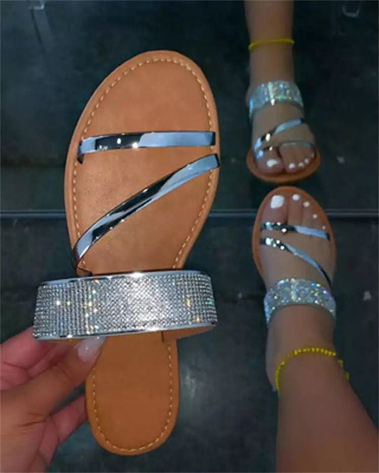 Fashion Sexy Summer New Style Roman Rhinestone Flat Outdoor Large Size Slippers