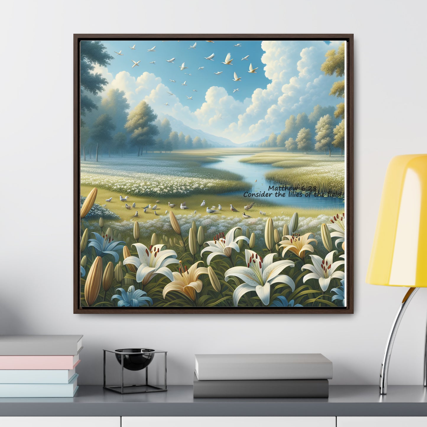 Christian Canvas Art Print, Framed Floral Decor, Nature Landscape Art, Gallery Wall Piece, Field of Lilies, Gift for Nature Lovers