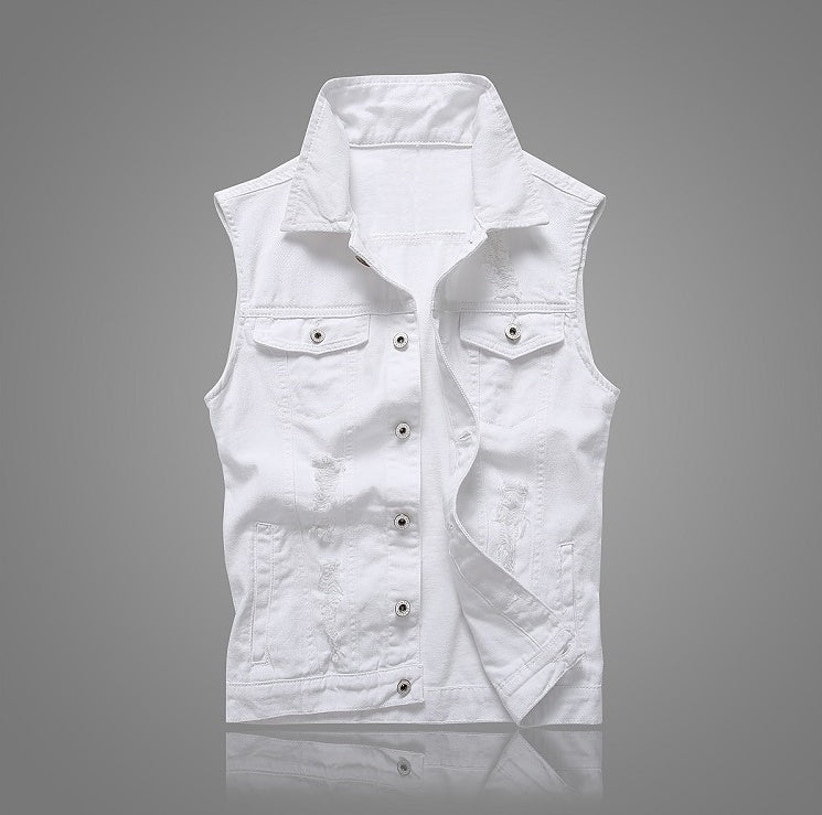 Casual Holes Pocket White Denim Vests