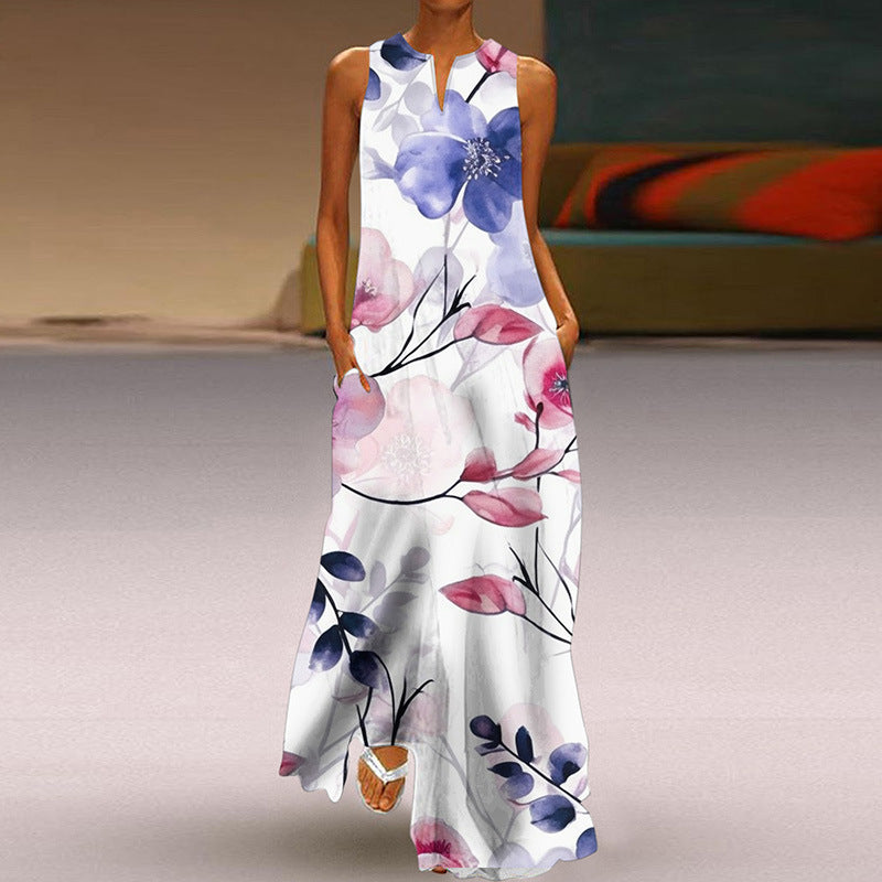 Printed V-neck Pocket Long Dress Swing