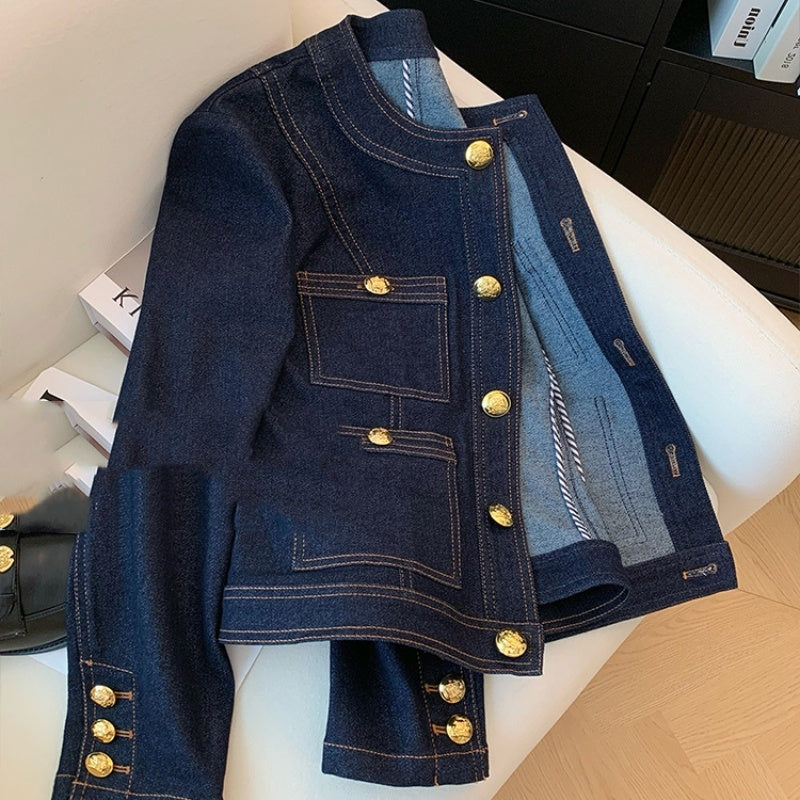 Classic Style Retro Blue Denim Coat For Women