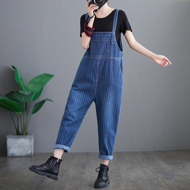 Plus Size Women's New Striped Denim Overalls