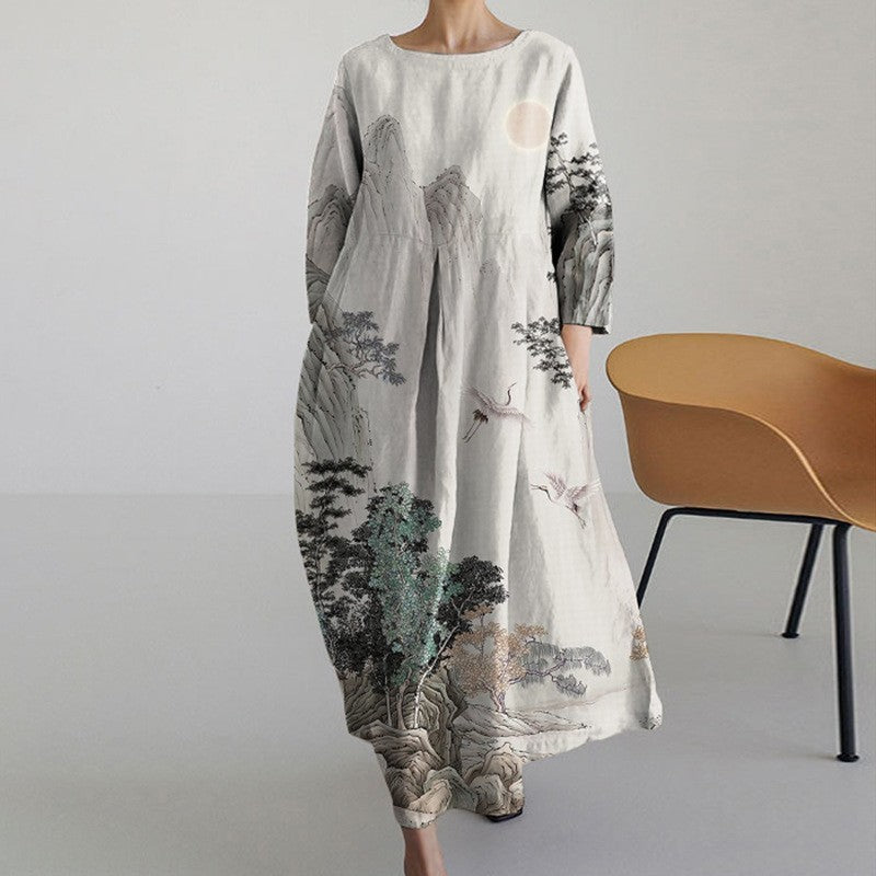 Elegant Retro Printing Crafts Long Sleeve Dress Ladies