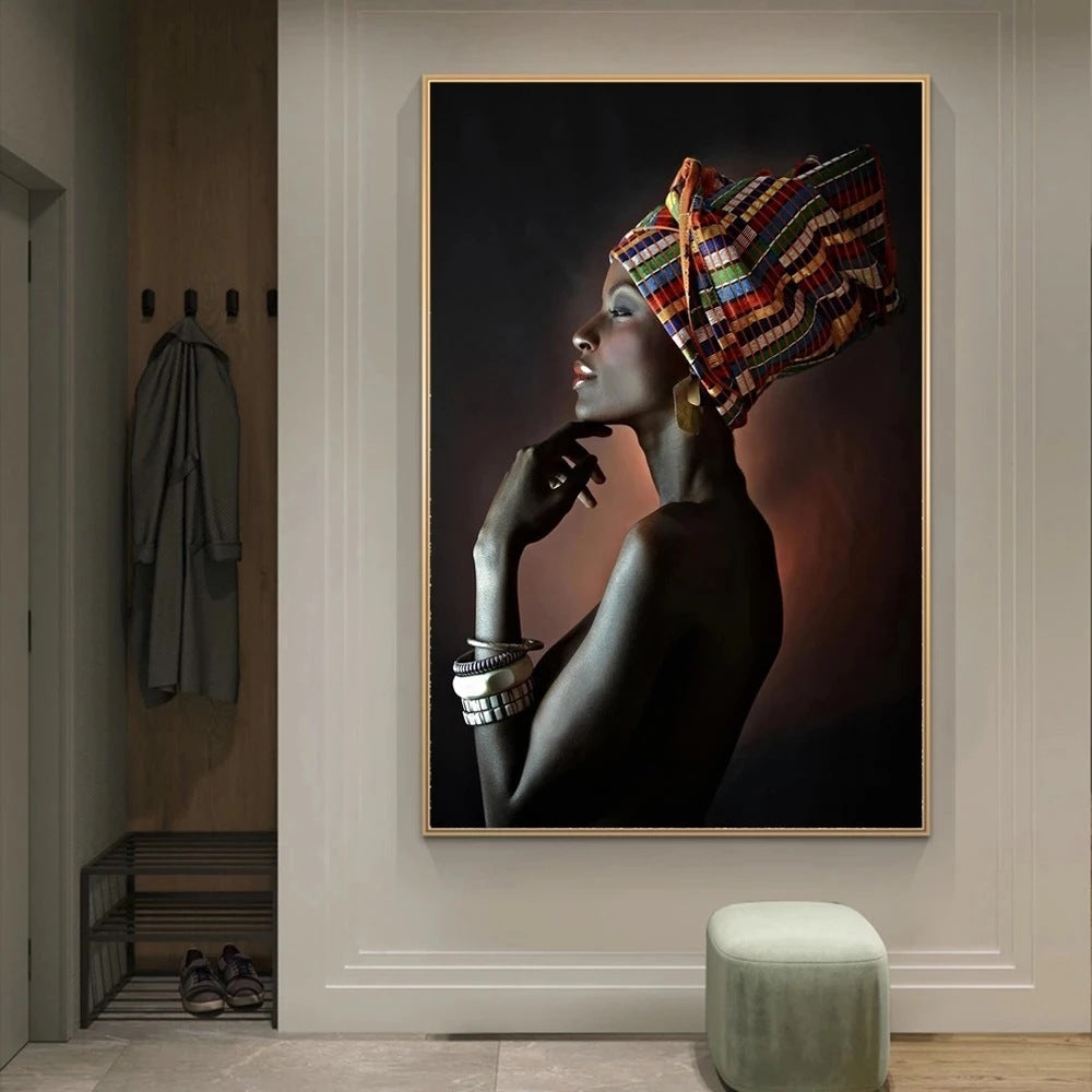 African Art Black Girl Silver Jewelry Canvas Painting Art Poster