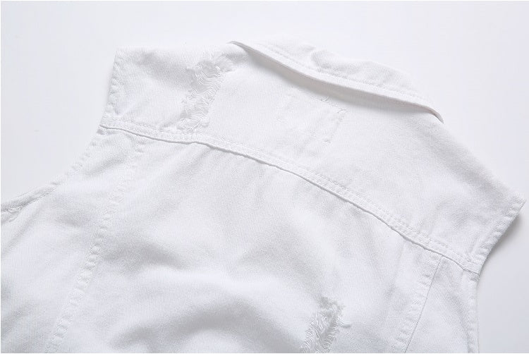 Casual Holes Pocket White Denim Vests