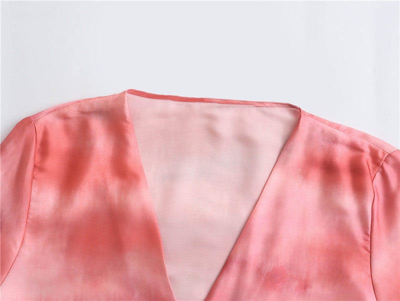 V-neck Long Sleeve Tie-dye Loose Shirt Satin Print Straight-leg Trousers Suit