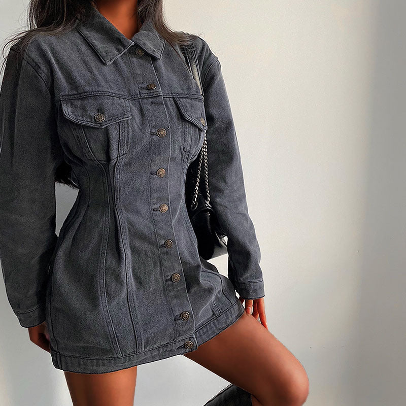 Long Sleeve Denim One-piece Dress Mid-length Jacket