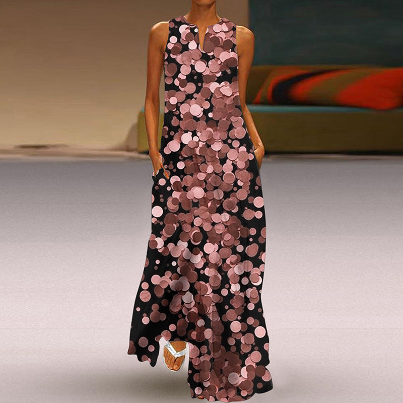 Printed V-neck Pocket Long Dress Swing