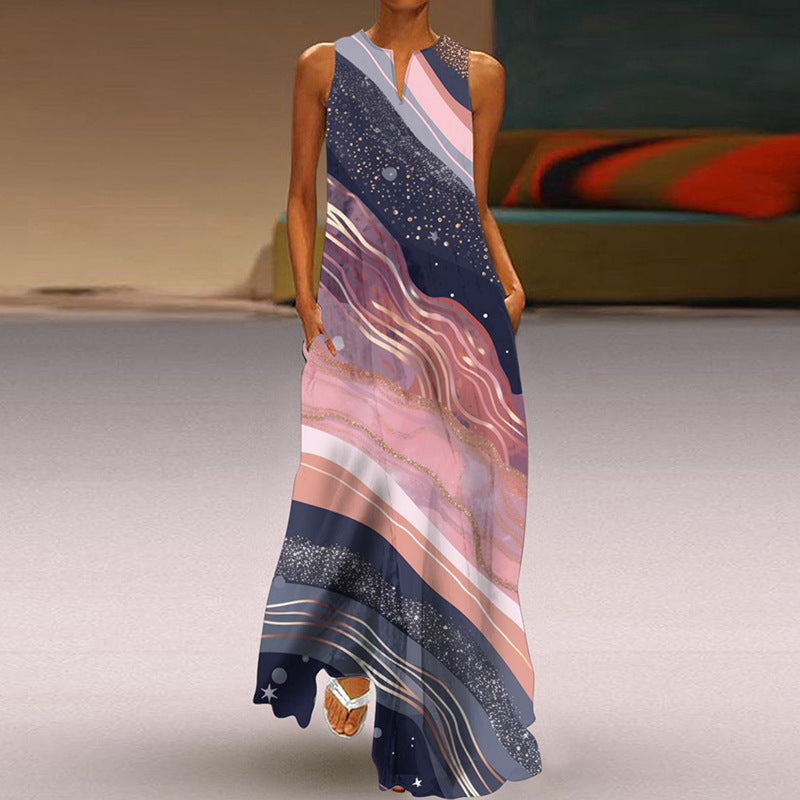 Printed V-neck Pocket Long Dress Swing