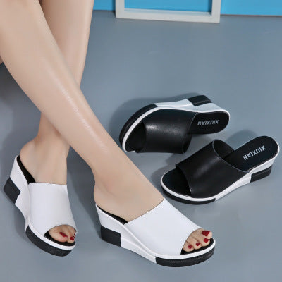Summer new leather wedge women's sandals and slippers thick-soled sandals sandals women's beach shoes word cool drag women