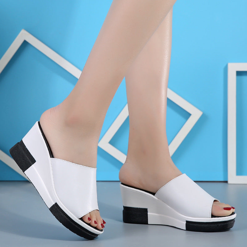 Summer new leather wedge women's sandals and slippers thick-soled sandals sandals women's beach shoes word cool drag women