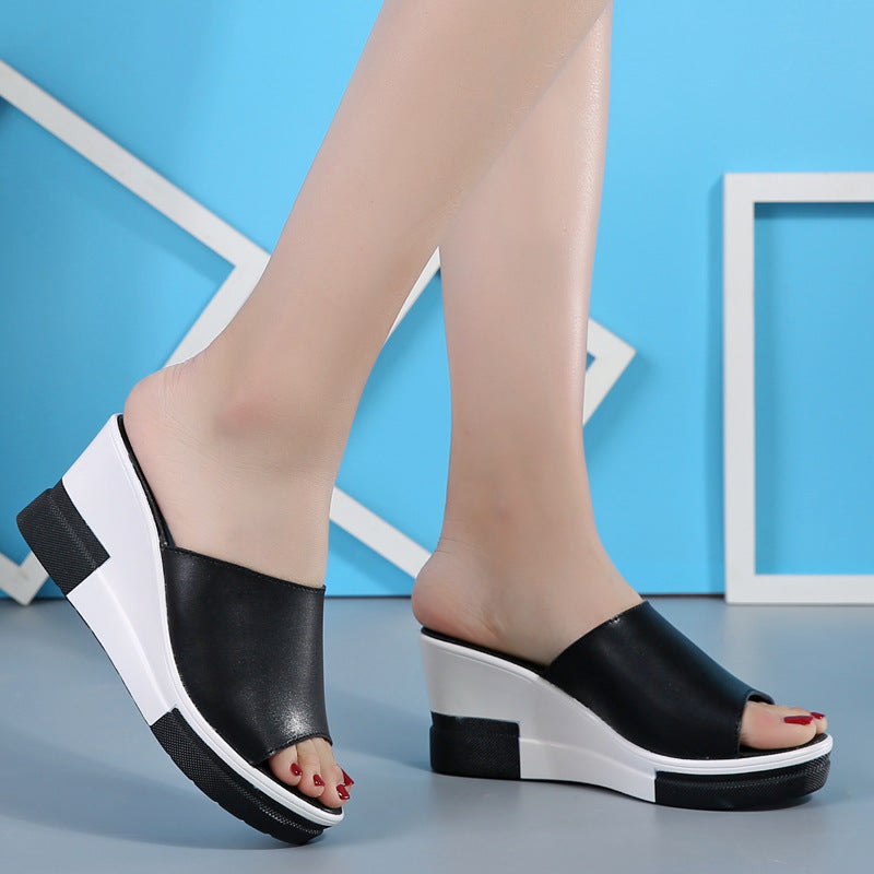Summer new leather wedge women's sandals and slippers thick-soled sandals sandals women's beach shoes word cool drag women