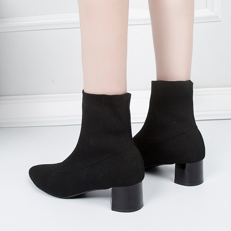 Stretch Boots Women's Mid-heel Pointed Knit Socks Shoes