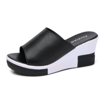 Summer new leather wedge women's sandals and slippers thick-soled sandals sandals women's beach shoes word cool drag women
