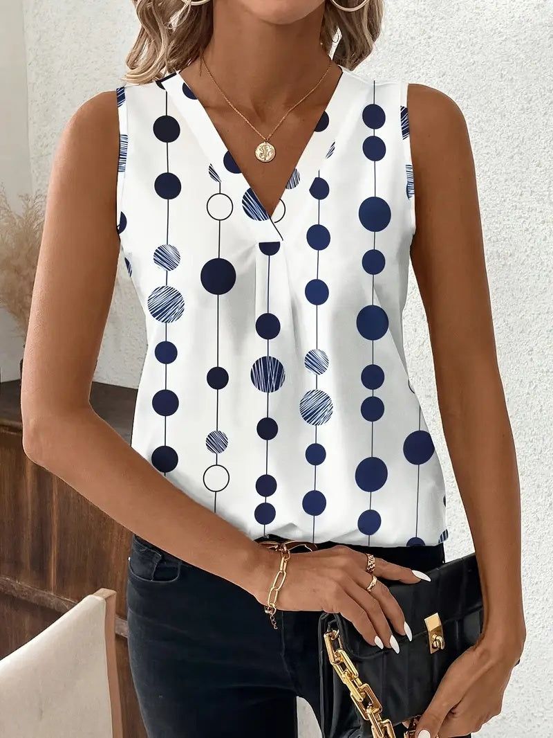 Women's Elegant Black And White Polka Dot Sleeveless V-neck Top