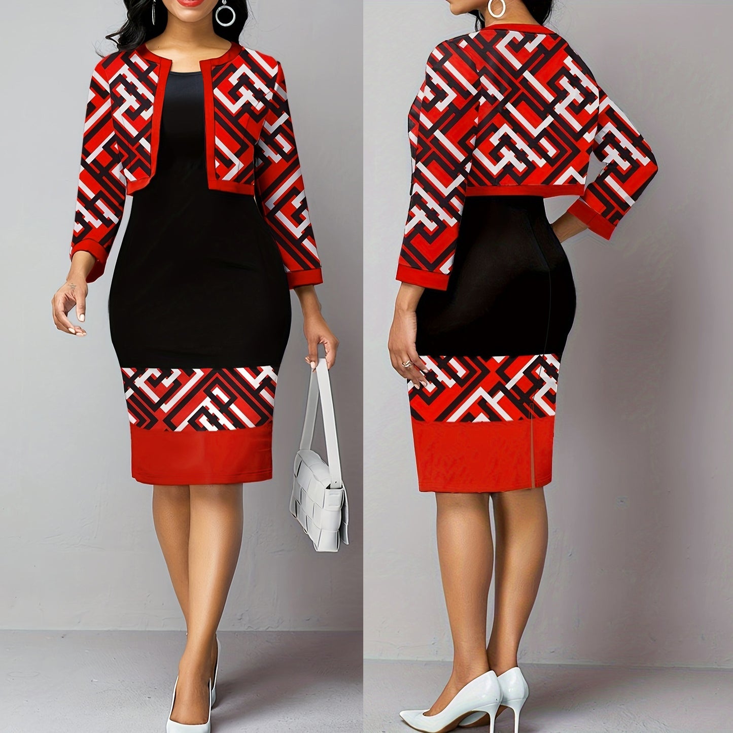 Plus Size Women's Vest Dress Cardigan Jacket Two-piece Set