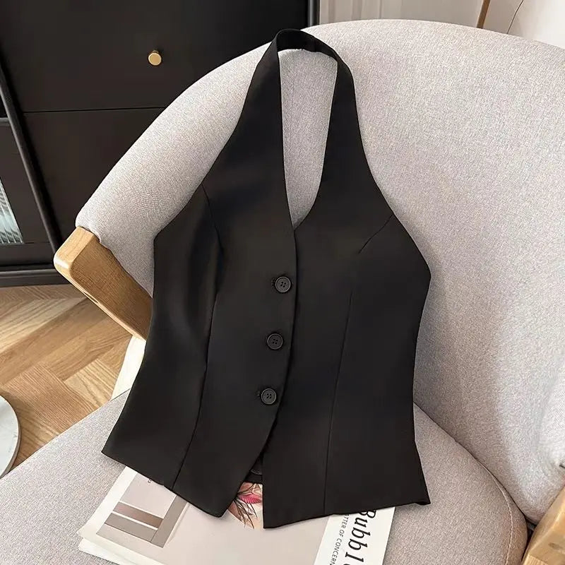Spicy Girl Halter Neck Sleeveless Short Suit Vests Women's Spring Summer Waist Slim All-match Casual Single Breasted Tank Tops