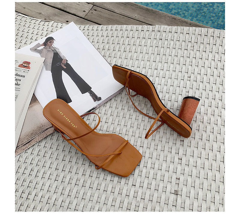 Square toe thin strap chunky heel sandals