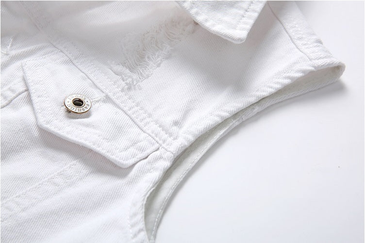 Casual Holes Pocket White Denim Vests
