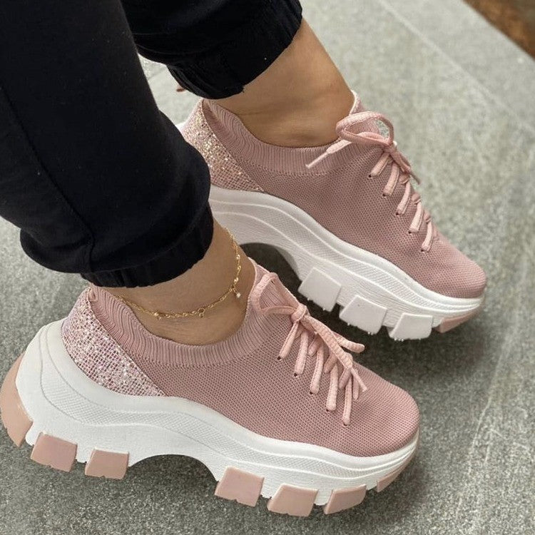 Platform Women's Sneakers With Flying Woven Lace-up Platform
