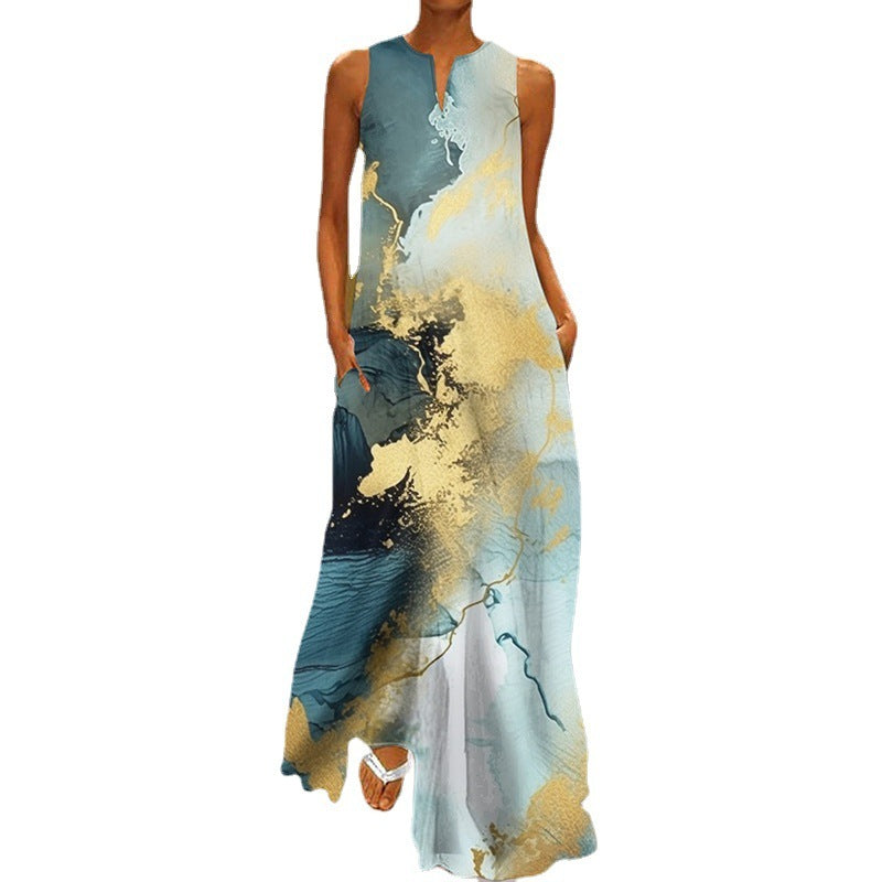 Printed V-neck Pocket Long Dress Swing