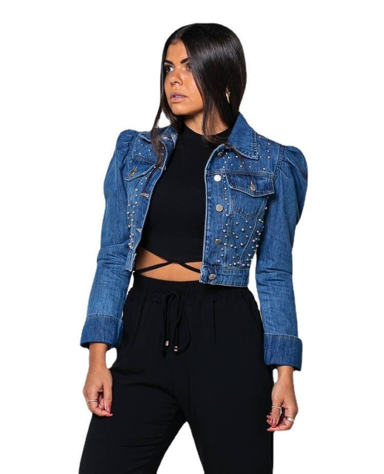 Denim Long-sleeved Retro Puff Sleeve Short Beaded Jacket