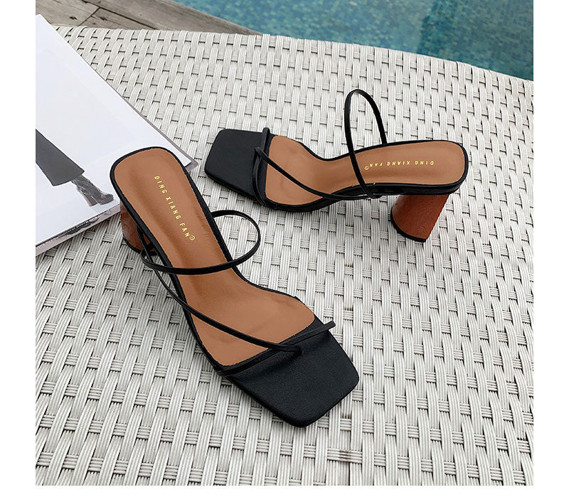 Square toe thin strap chunky heel sandals