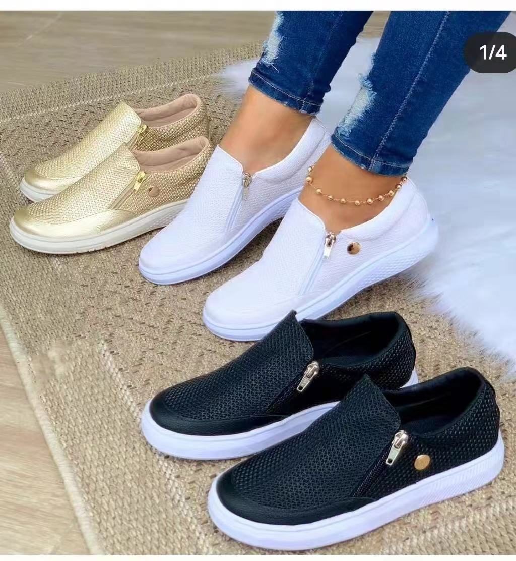 Women's Flats Sneakers Side Zipper Round Toe Walking Shoes Fall Spring