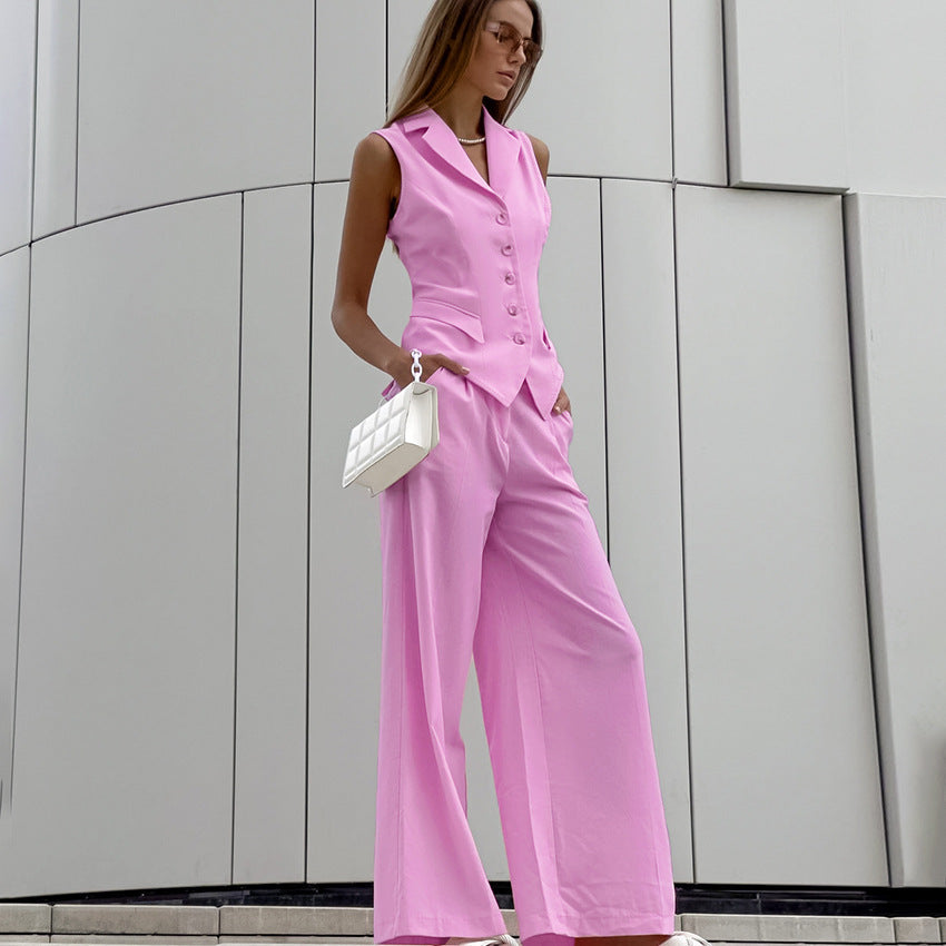 Cotton Linen Sleeveless Slim Fit Vest High-waisted Trousers Suit