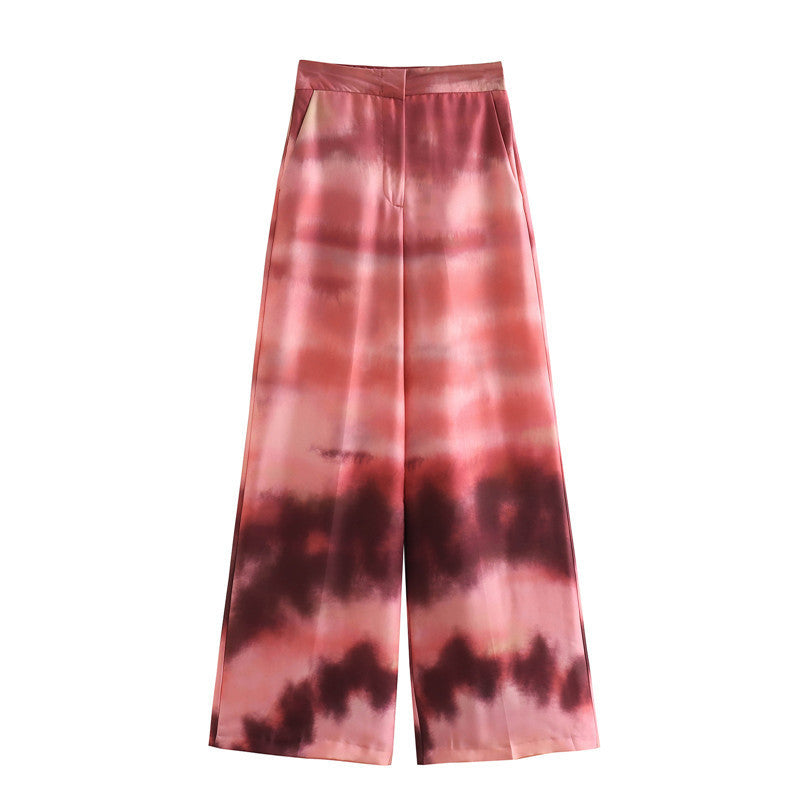 V-neck Long Sleeve Tie-dye Loose Shirt Satin Print Straight-leg Trousers Suit
