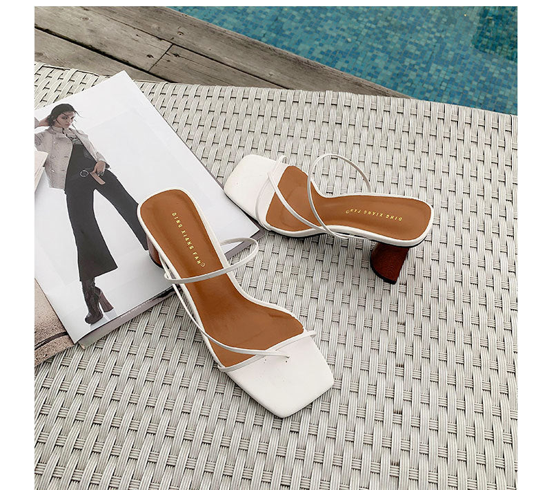 Square toe thin strap chunky heel sandals